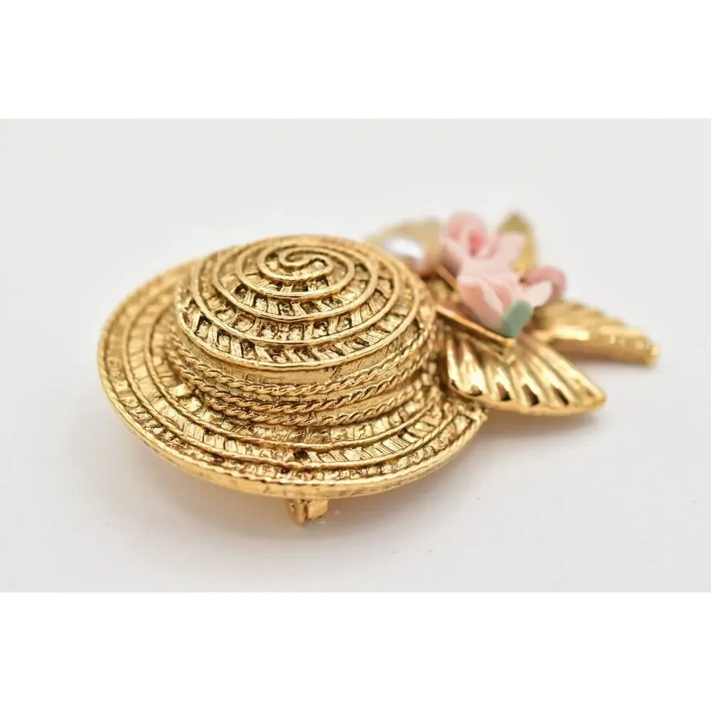 1928 Vintage Sun Hat Brooch Pin Pearl Pink Rose Bow Gold Chunky 1980s BinBK
